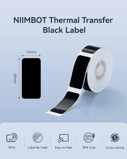 NIIMBOT B18/N1 Thermal Transfer Labels 0.55" x 1.18" (14x30mm), Only for B18/N1 Label Maker, PET Material, Waterproof and High-Temperature Resistance, Long Storage Time, Black