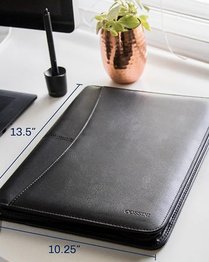 Cossini Black Superior Vegan Leather Business Portfolio with Zipper – Padfolio All-in-One. Smartest Protective 10.1 Inch Tablet Sleeve, Presentation Slot, Solar Calculator, Card Storage, Writing Pad
