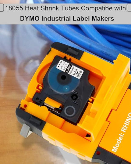 Rhino Industrial Heat-Shrink Labels 1/2" Tube Black Print on White Replacement for Dymo Rhino 18055 Label Tape Compatible with Dymo 5200 4200 1000 5000 6000 Label Maker