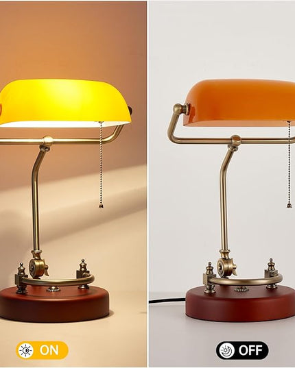 Bankers Lamp, Traditional Orange Desk Lamp with Solid Birch Wood Base, Orange Glass Antique Library Lamp with Pull Chain Switch, Plug in Vintage Bankers Desk Lamp for Office, Study Room 【E26 Socket】