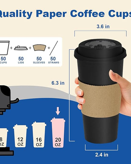 Coolcap 20 oz 50 Pack Coffee Cups with Lids and Sleeves, Straws, Hot Disposable To Go Travel Paper Cups Bulk for Office, Home Coffee Bar Accessories, Chocolate, Cocoa, Beverage (Black)