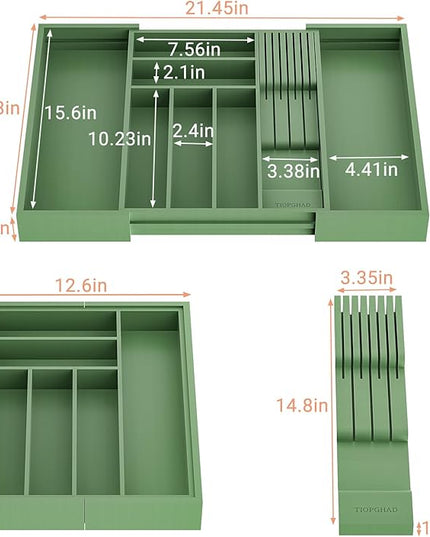 Bamboo-Silverware-Drawer-Organizer-Kitchen, Expandable Utensil Holder Cutlery Tray Flatware Organization Adjustable Wood Tableware Dividers Storage (with Removable Knife Block)(Grayish Green)