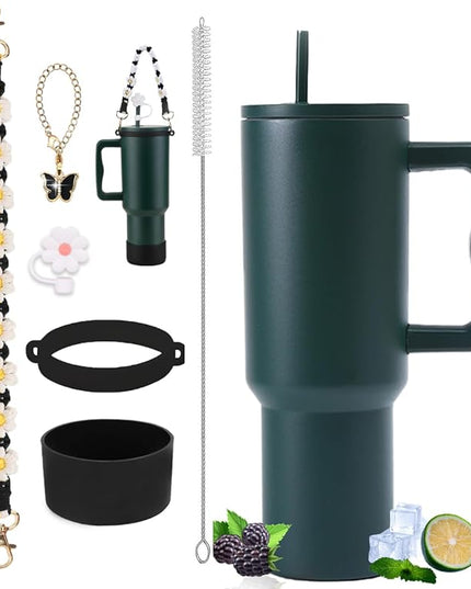 40 oz Tumbler with Handle and Straw & 6PCS Cup Accessories for 40 oz Cup - Vacuum Insulated Stainless Steel Double Wall Water Bottle Travel Coffee Mug - Holiday Gifts for Women Men (Forest)