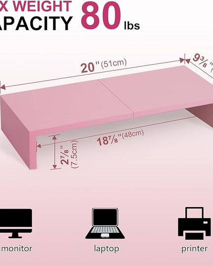 TEAMIX 2 Pack Pink Monitor Riser-20L inch, Cute Monitor Stand for Desk, Wood Sturdy TV/Screen/PC/Printer/Laptop Riser, Computer Shelf with Storage Desktop Organizer for Home Office