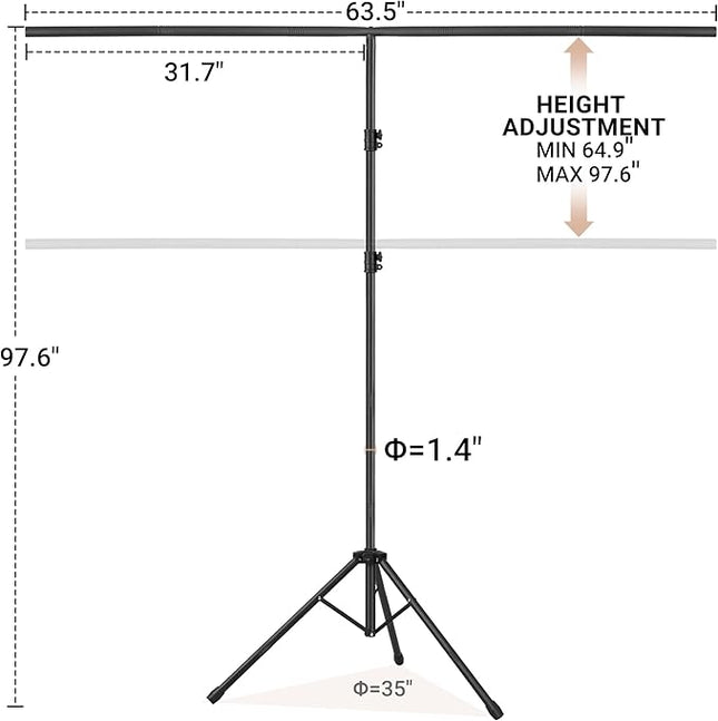 8x5ft T-Shape Backdrop Stand, Adjustable Background Support Stand Kit, Portable Photo Banner Holder with 6 Spring Clamps, Sandbag, Carry Bag for Party, Wedding, Photography and Decoration