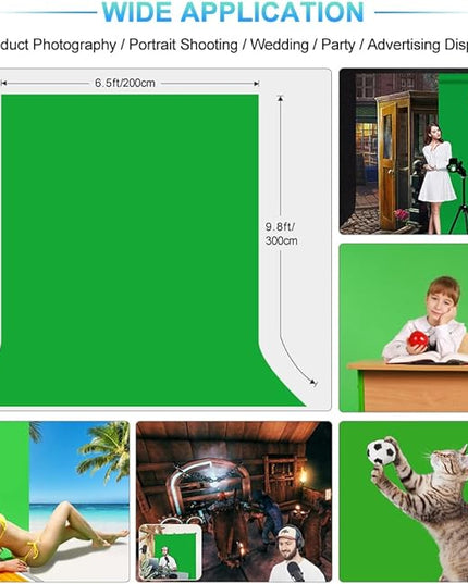 Green Screen Backdrop with Stand for Streaming, 6.5X 10ft (WxH) Protable Green Screen with 6.3 x 6.5 ft Stand kit, Greenscreen Background with Stand Carrying Bag 5 Spring Clamps