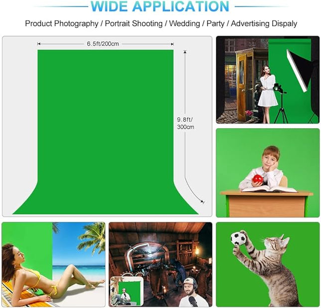 Green Screen Backdrop with Stand for Streaming, 6.5X 10ft (WxH) Protable Green Screen with 6.3 x 6.5 ft Stand kit, Greenscreen Background with Stand Carrying Bag 5 Spring Clamps
