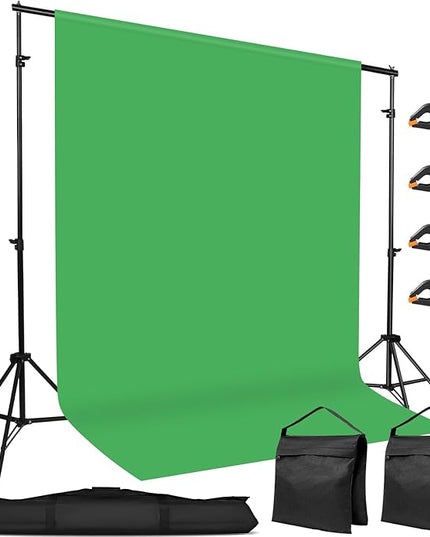 10x7ft Adjustable Photography Backdrop Stand Kit – Photo Studio Background Support with 4 Crossbars, 4 Clamps, 2 Sandbags (with 9 * 6 Feet Green Backdrop Curtain)