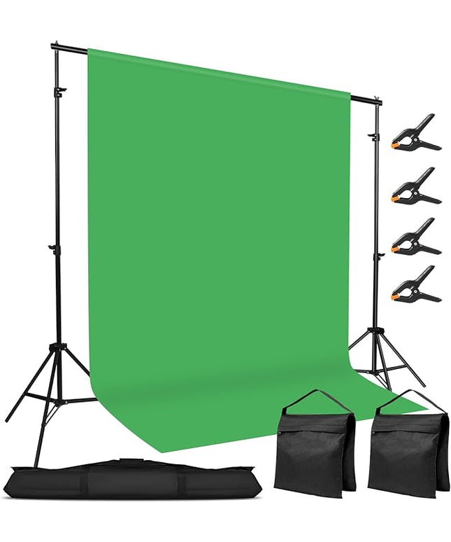 10x7ft Adjustable Photography Backdrop Stand Kit – Photo Studio Background Support with 4 Crossbars, 4 Clamps, 2 Sandbags (with 9 * 6 Feet Green Backdrop Curtain)