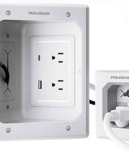 Perlegear TV in-Wall Cable Management Kit, USB and Typ C Ports Cord Hider for Wall Mount TV with Recessed Power, Includes Drill Templates, Dust Bags, Drywall Saw, Extension Cable