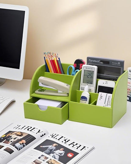 KINGFOM Pu Leather Desk Organizer Pen Pencil Holder Office Supplies Caddy Storage Box 6 Compartments with Drawer Green