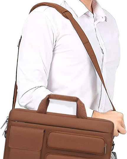 MOSISO Laptop Shoulder Bag 15.6 inch, 15-15.6 inch Computer Bag Compatible with MacBook Pro 16 inch, HP, Dell, Lenovo, Notebook with 2 Raised&1 Flapover&1 Horizontal Pocket&Handle&Belt, Caramel Brown
