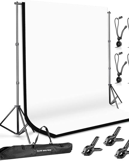 SLOW DOLPHIN Photo Background Support System with Backdrop Stand Kit, 100% Pure Muslin 6.5 Ft x 10 Ft (White/Black) Backdrop,Clamp, Carry Bag for Photography Video Studio