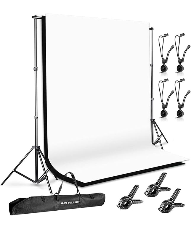 SLOW DOLPHIN Photo Background Support System with Backdrop Stand Kit, 100% Pure Muslin 6.5 Ft x 10 Ft (White/Black) Backdrop,Clamp, Carry Bag for Photography Video Studio