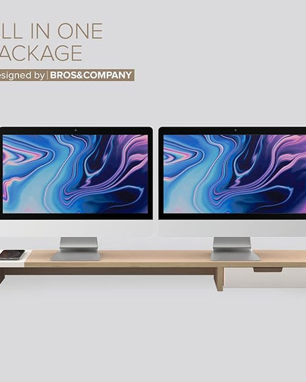 POUT E9 Dual Monitor Stand with Drawer - Wireless Charger and USB Hub (Maple White)