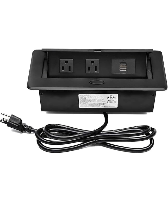 UL Listed Power Strip, Kungfuking Pop Up Power Cover Box Desktop Socket with Dual USB Charging Ports, Stainless Steel Receptacle Outlet for Conference Room Countertop (Black)