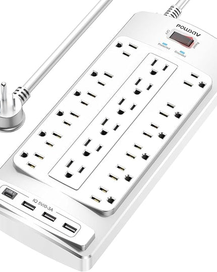 18 Outlets Surge Protector Power Strip - 6 Feet Flat Plug Heavy Duty Extension Cord with 18 Widely Outlets and 4 USB Ports, 2100 Joules, White, ETL Listed