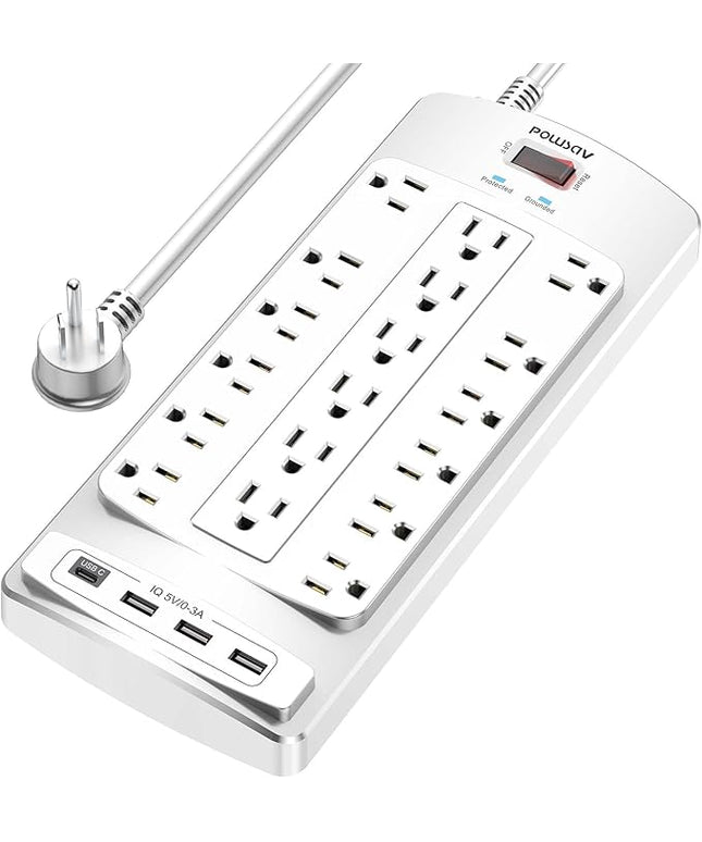 18 Outlets Surge Protector Power Strip - 6 Feet Flat Plug Heavy Duty Extension Cord with 18 Widely Outlets and 4 USB Ports, 2100 Joules, White, ETL Listed