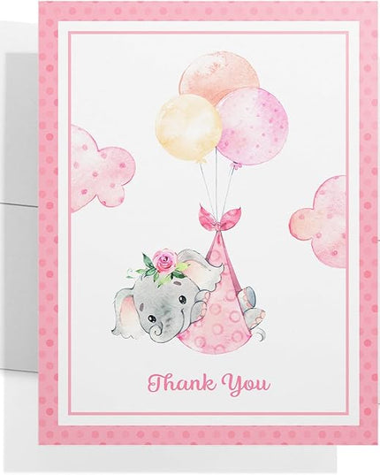 Twigs Baby Shower Thank You Cards with Envelopes - 12 Set Baby Shower Cards for Girl, New Baby Congratulations Cards, Welcome Baby Card, Made in the USA - Pink Elephant Designs, 5.5 x 4.25 Inch Size