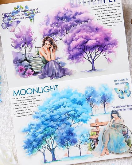Dwpetzo PET Seasonal Tree Landscape Stickers for Journaling and Scrapbooking, 60 PCS Large Decorative Stickers for Junk Journal Supplies, DIY Crafts Arts, Collage, Albumn