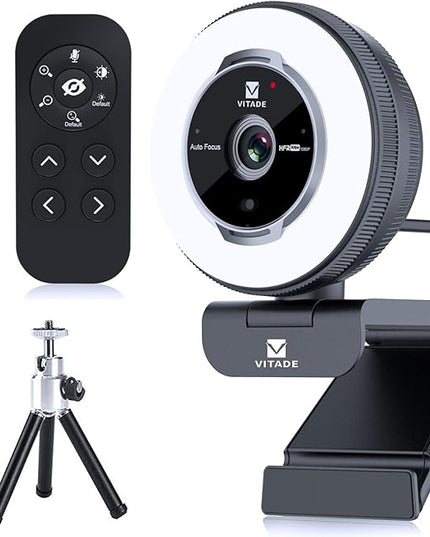 Zoomable Webcam with Remote Control, 1080P 60FPS Streaming Webcam with Adjustable Ring Light and Tripod, Pro USB 5X Digital Zoom Webcam for Zoom/Skype Teams/Laptop/Mac Windows