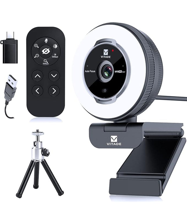 Zoomable Webcam with Remote Control, 1080P 60FPS Streaming Webcam with Adjustable Ring Light and Tripod, Pro USB 5X Digital Zoom Webcam for Zoom/Skype Teams/Laptop/Mac Windows