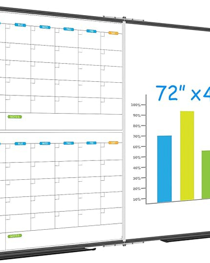 JILoffice Magnetic Foldable Dry Erase Calendar Whiteboard Combo, 2 Month Calendar Board & White Board 72 X 40 Inch, Black Aluminum Frame Wall Mounted Board for Office Home and School