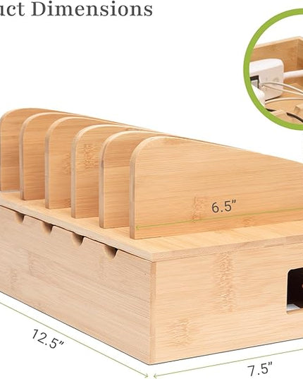 Prosumer's Choice Wooden Charging Station Organizer - 5-Port Base for Phones, Tablets and Laptops - Multi-Device Docking Station with Removable Divider Slots - Cord Box with Cable Management - Bamboo