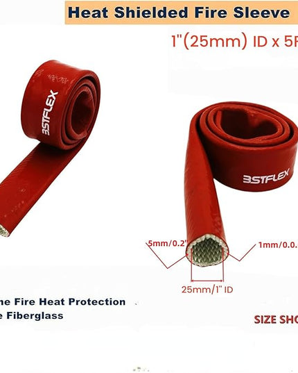 1"(25mm) ID Heat Shielded Fire Thermo Armor Fire Sleeve Silicone Coated Fiberglass for Automotive Hose Lines & Electrical Wiring Red, 5 feet