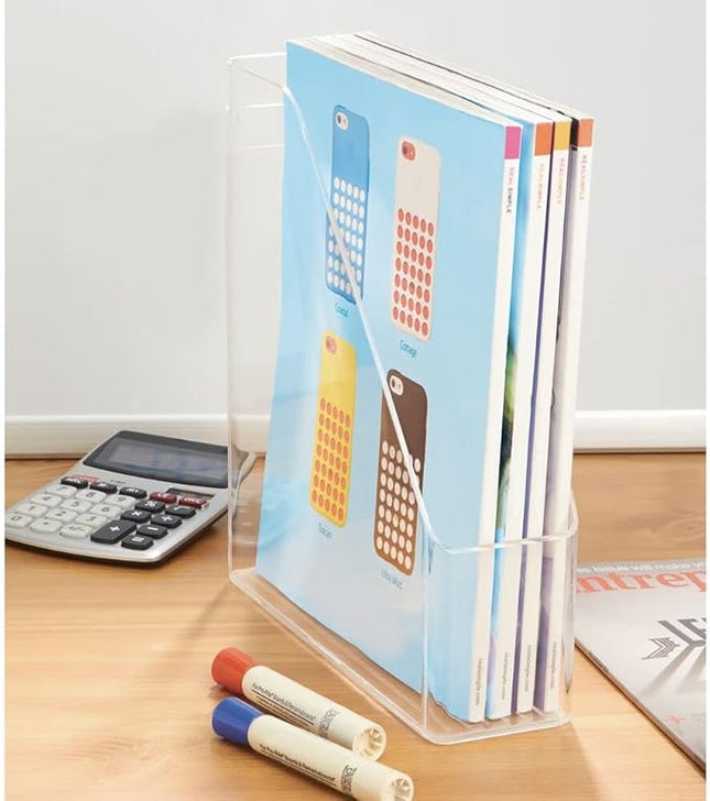 mDesign Plastic Slim Vertical File Folder Storage Organizer Bin with Handle - Hold Notebooks, Binders, Envelopes, Magazines for Home Office, Work Desktops, Ligne Collection, Clear