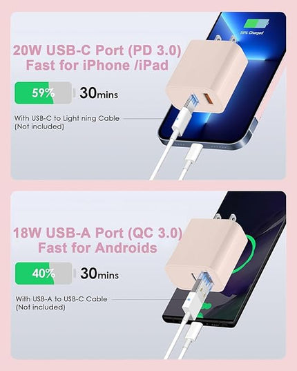 10FT iPhone 17/16e Fast Charger,2Pack 20W Dual Port USB A+C QC Apple Adapter with 10 Foot USB C to C Fast Charging Cable Cord for iPhone 17Air/17Pro/17Pro Max/16/16Pro/15/15Pro/Pro Max/Plus(Blue/Pink)