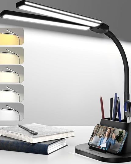 LED Desk Lamp, Eye-Caring Desk Light with Organized Base, 5 Color Modes & 5 Level Brightness, Adjustable Flexible Gooseneck Touch Lamp, Small Desk Lamp for Home Office, College Dorm Room Essentials