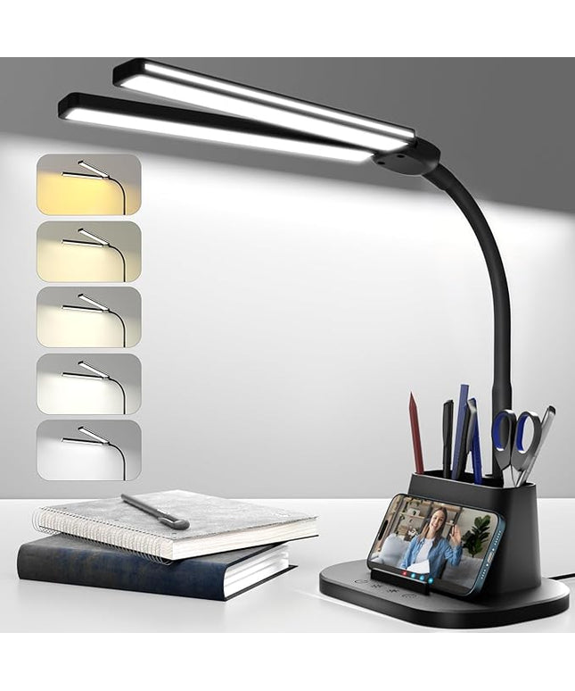 LED Desk Lamp, Eye-Caring Desk Light with Organized Base, 5 Color Modes & 5 Level Brightness, Adjustable Flexible Gooseneck Touch Lamp, Small Desk Lamp for Home Office, College Dorm Room Essentials