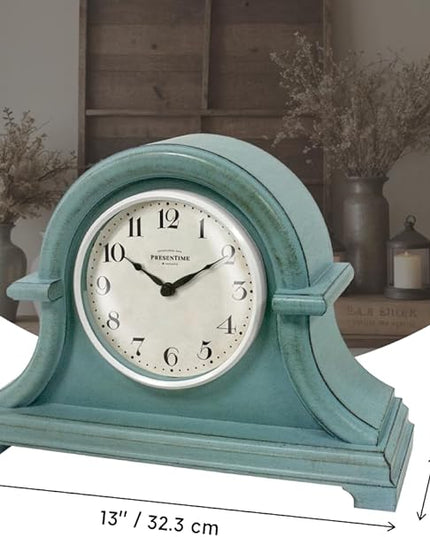 Presentime & Co. Mantel Clock Vintage Farmhouse Series, Napoleon Desk & Shelf Clock, 13 x 10 inch, Domed Lens, Quartz Movement, ABS Plastic Case, Aged Teal Finish (Home/Tabletop Decoration)