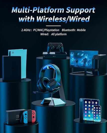 BINNUNE 2.4GHz Wireless Gaming Headset, Bluetooth 5.3 Gaming Headphones with Noise Canceling Mic, 120H Ultra-Long Battery, 50mm Drivers, Multi-Platform for PC / PS5 /PS4/ Switch/Mobile, Blue