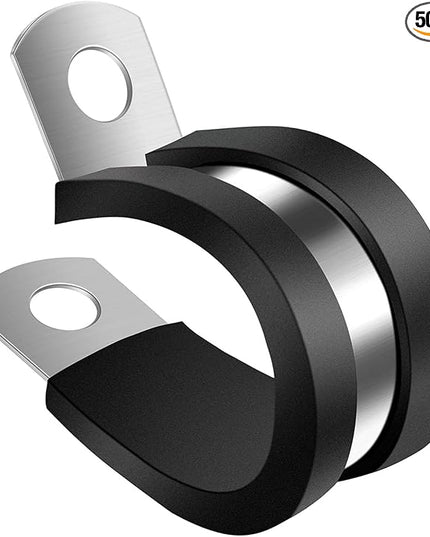 MISPIRE 3/16 Inch Rubber Cable Clamps 50 PCS, 304 Stainless Steel, Black, 50pcs 3/16" Clamps with 6.5mm Hole, Fits #14 Screws and Bolt, Ideal for Automotive, Industrial, Marine, Household Applications