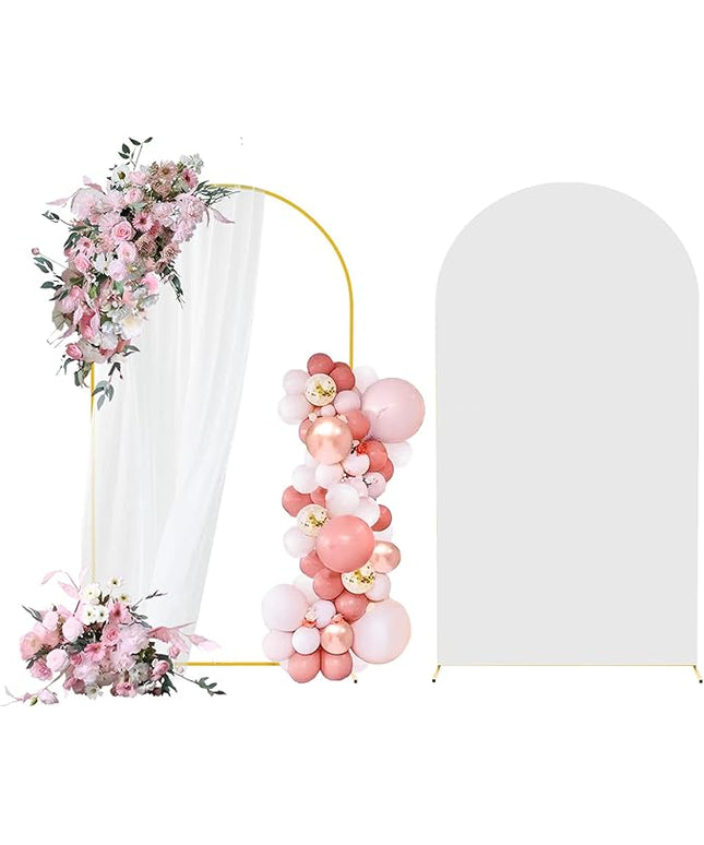 6FT Arch Backdrop Stand and Arch Cover Set, Gold Metal Arch Stand Backdrop with White Arch Stand Cover Ideal for Weddings, Birthday Parties, Baby Showers, Celebration Decorations