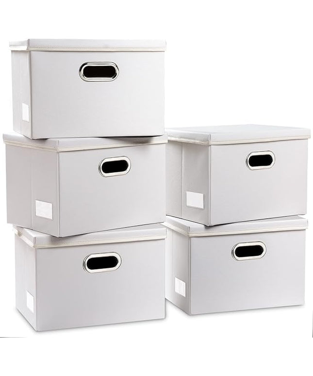 PRANDOM Foldable Storage Bins with Lids [5-Pack] Leather Fabric Collapsible Storage Boxes Organizer Containers Baskets Cube with Cover for Bedroom Closet Office Nursery White (14.9x10.8x10)