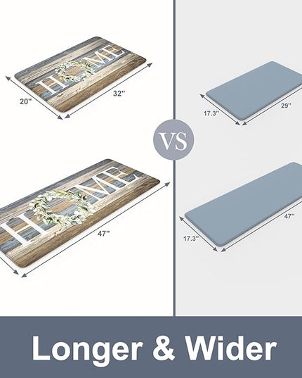 KIMODE Anti Fatigue Mats for Kitchen Floor,Comfort Cushioned Rugs Sets of 2,Wide Farmhouse Memory Foam Carpet Non Slip for Laundry Sink Office Bathroom,Blue 20"x47"+20"x32"