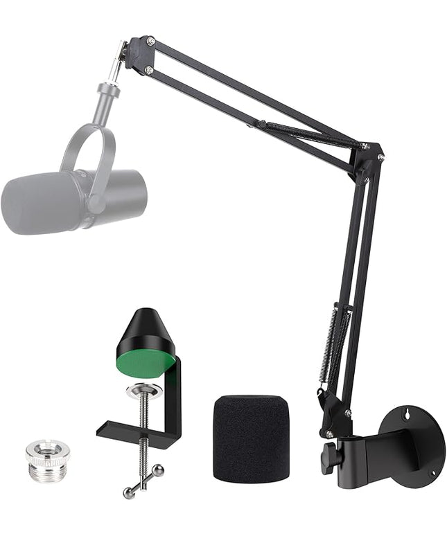YOUSHARES MV7 Wall Mount Boom Arm Stand with Mic Windscreen and Table Mount Clamp, Mic Stand Arm with Pop Filter Compatible with Shure MV7 and Shure MV7X Microphone
