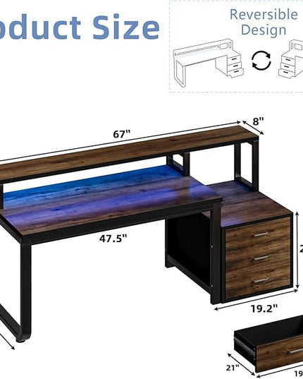 Computer Desk with Storage Drawers, 67 Inch Wooden Office Desk with Long Monitor Stand&Printer Shelf, Reversible Long Desk with LED Lights for Bedroom, Escritorios para Computadoras, Black and Walnut