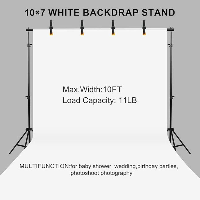 Adjustable Photography Backdrop Stand Kit 10x7ft(WxH) – Photo Studio Background Support with 4 Crossbars, 4 Clamps, 2 Sandbags, (with 10 * 7 Feet White Backdrop Curtain)