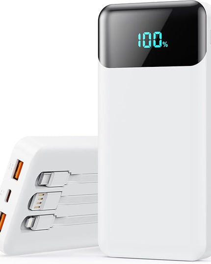 Portable Charger Power Bank 40800mAh with 3 Built-in Cables,25W Fast Phone Charging Portable Battery Pack,5 Outputs Travel Essentials Outdoor External Battery for iPhone 17/16,Galaxy Android etc-White