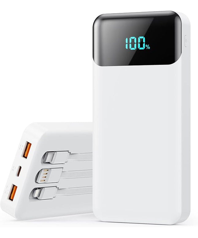 Portable Charger Power Bank 40800mAh with 3 Built-in Cables,25W Fast Phone Charging Portable Battery Pack,5 Outputs Travel Essentials Outdoor External Battery for iPhone 17/16,Galaxy Android etc-White