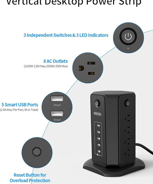 10ft Extension Cord Power Strip Tower, NTONPOWER Flat Plug Surge Protector with 8 Outlets 5 USB Desktop Charging Station, Individual Switches, 1080 Joules, 13A Circuit Breaker for Home Office, Black