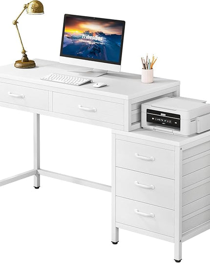 Tribesigns Computer Desk with 5 Drawers, Home Office Desks with Reversible Drawer Cabinet Printer Stand, Industrial PC Desk with Storage, White Study Writing Table Workstation for Small Spaces