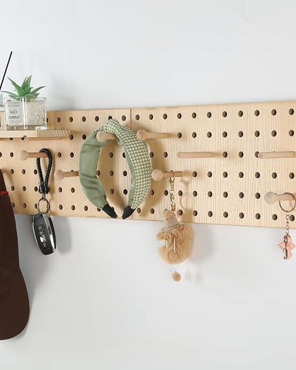 Beige Wood Pegboard Modular Display Wooden Pegboard Combination Wall Organizer Storage Wall Hooks Shelf for Home, Office, Bathroom, Comes with 2 Pieces Pegboards