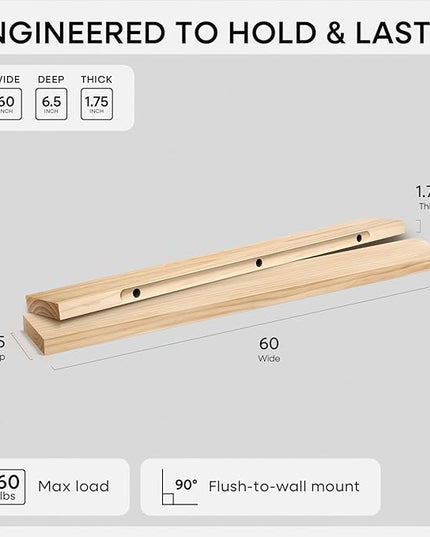 Homeforia 60 inch Natural Floating Shelf, High End Solid Real Wood 60inch Small Floating Shelves for Wall Mounted, Natural Wooden Floating Shelves, Heavy Duty Bracket, 60 X 6.5 X 1.75 in, Set of 2