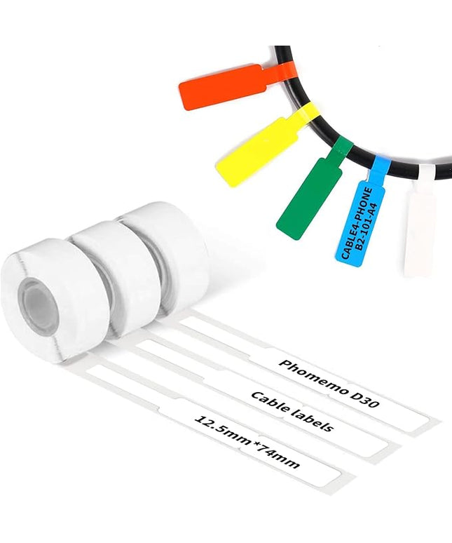 Phomemo D30 Thermal Cable Label Waterproof Wire Cord Labels, (12.5mm X 74mm) 65 Labels/Roll, Tags Stickers Tear Resistant Flexible, Phomemo d30 Label Tape -Black on White Paper, 3 Roll