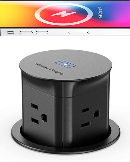 Jgstkcity Pop Up Outlet with 15W Wireless Charger,4 Outlets 15A, Splash Resistant,3 inch Desk Hole Power Grommet,Space Saver Outlet for Kitchen Countertop,Office Conference Table,ETL Listed (Black)
